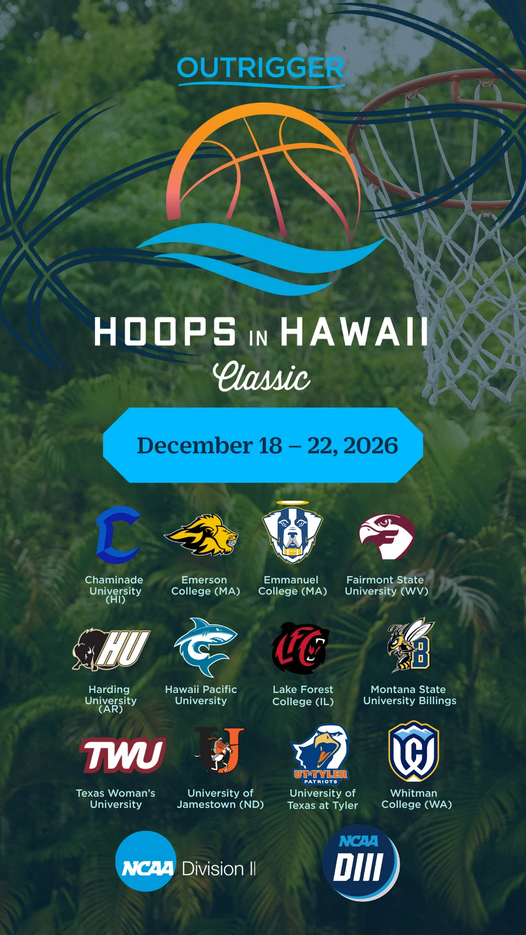 Hoops in Hawaii Classic, December 18–22, 2026: participating Division II and Division III schools
